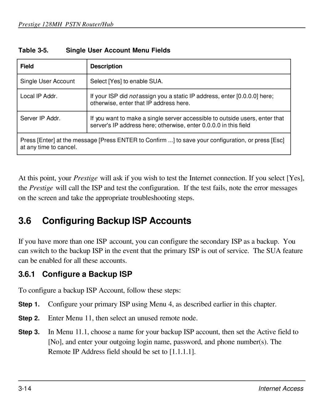 ZyXEL Communications 128MH Configuring Backup ISP Accounts, Configure a Backup ISP, Single User Account Menu Fields 