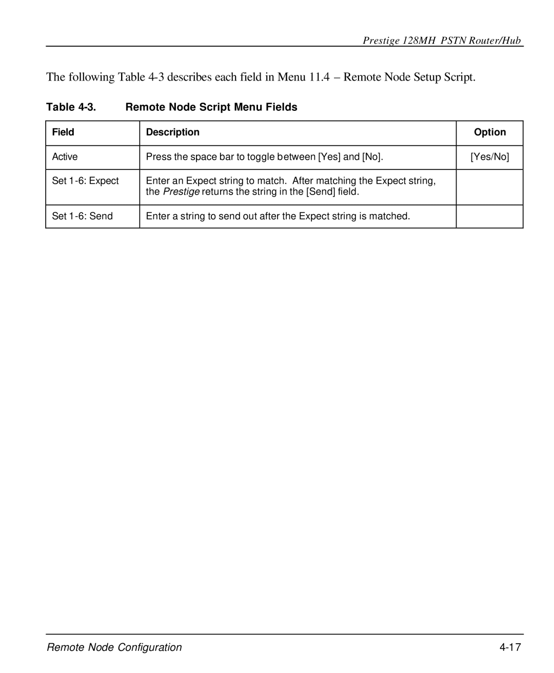 ZyXEL Communications 128MH user manual Remote Node Script Menu Fields, Field Description Option 