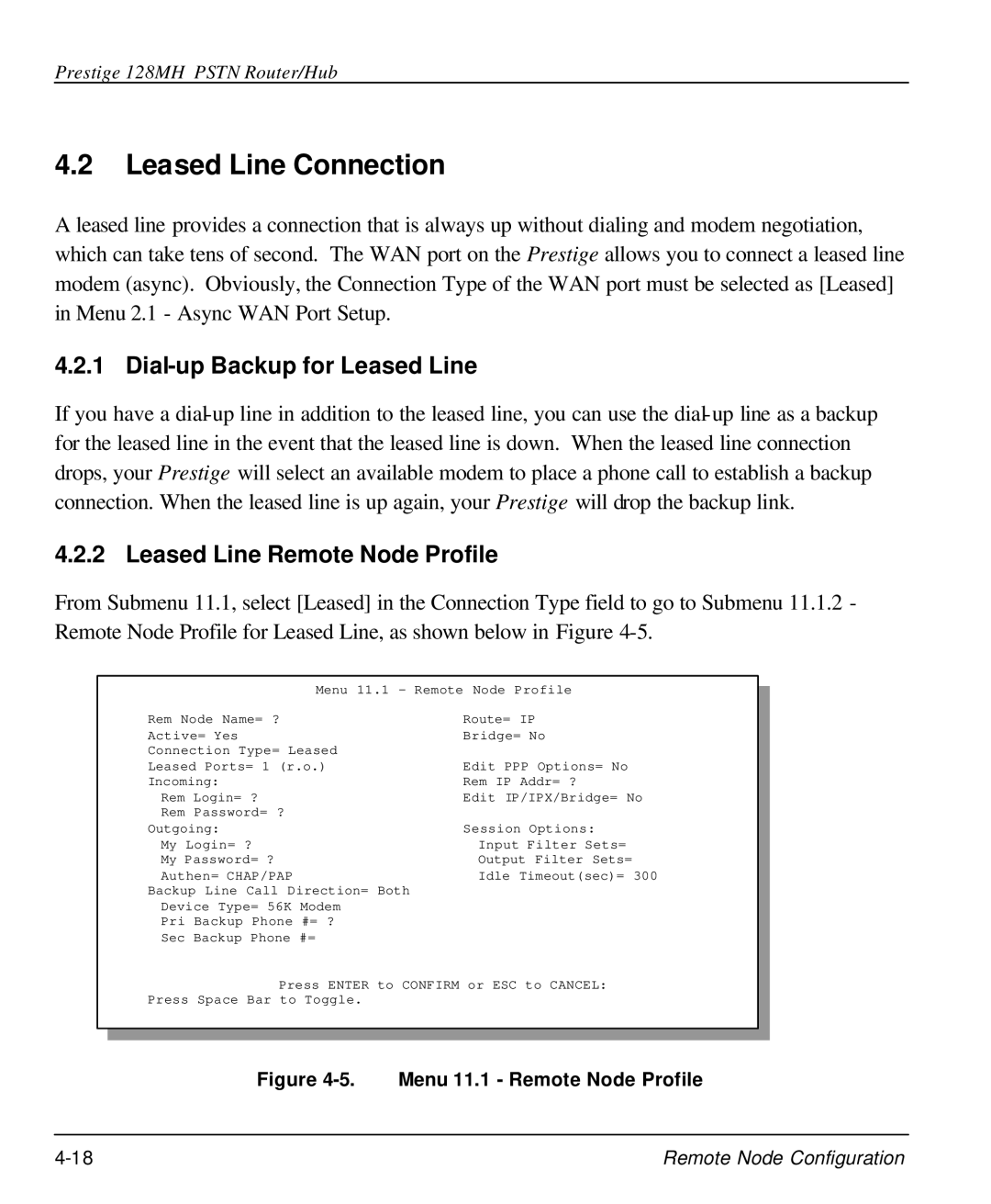 ZyXEL Communications 128MH Leased Line Connection, Dial-up Backup for Leased Line, Leased Line Remote Node Profile 