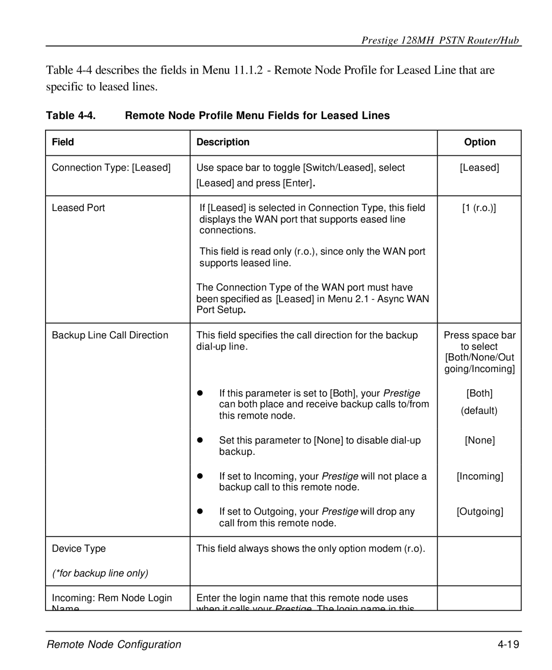 ZyXEL Communications 128MH user manual Remote Node Profile Menu Fields for Leased Lines, For backup line only 