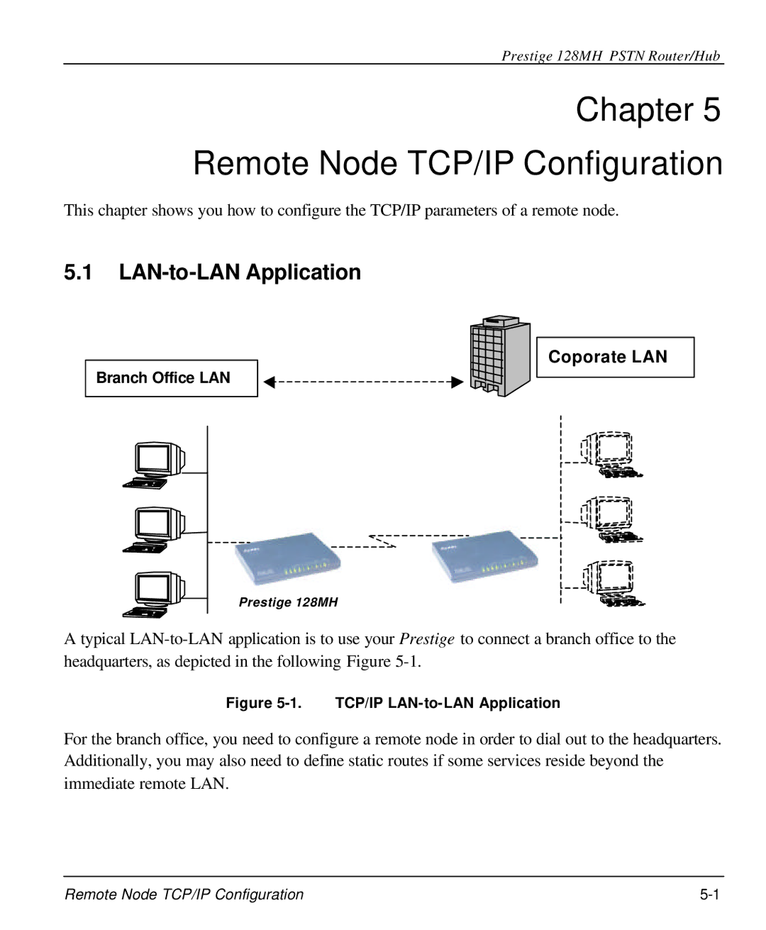 ZyXEL Communications 128MH user manual Chapter Remote Node TCP/IP Configuration, LAN-to-LAN Application 