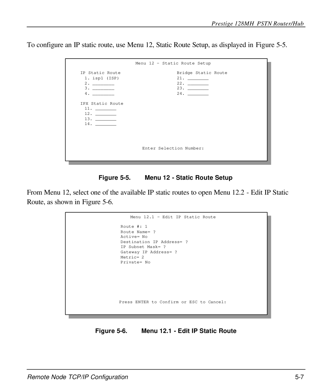 ZyXEL Communications 128MH user manual Menu 12 Static Route Setup 