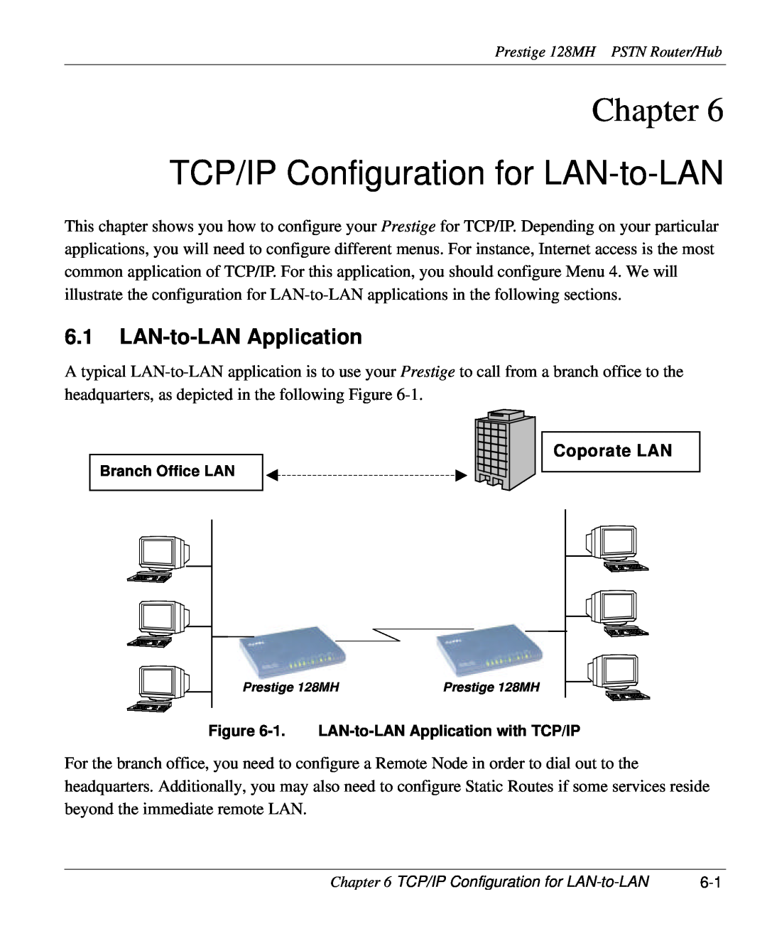 ZyXEL Communications 128MH user manual TCP/IP Configuration for LAN-to-LAN, LAN-to-LAN Application, Chapter, Coporate LAN 