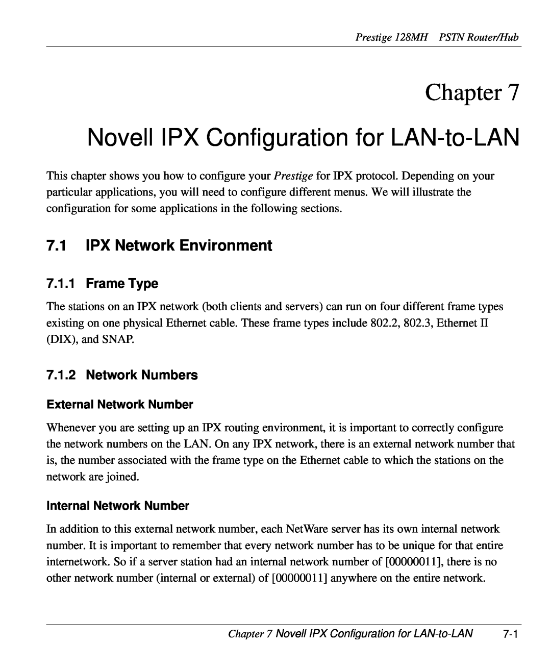 ZyXEL Communications 128MH Novell IPX Configuration for LAN-to-LAN, IPX Network Environment, Frame Type, Network Numbers 