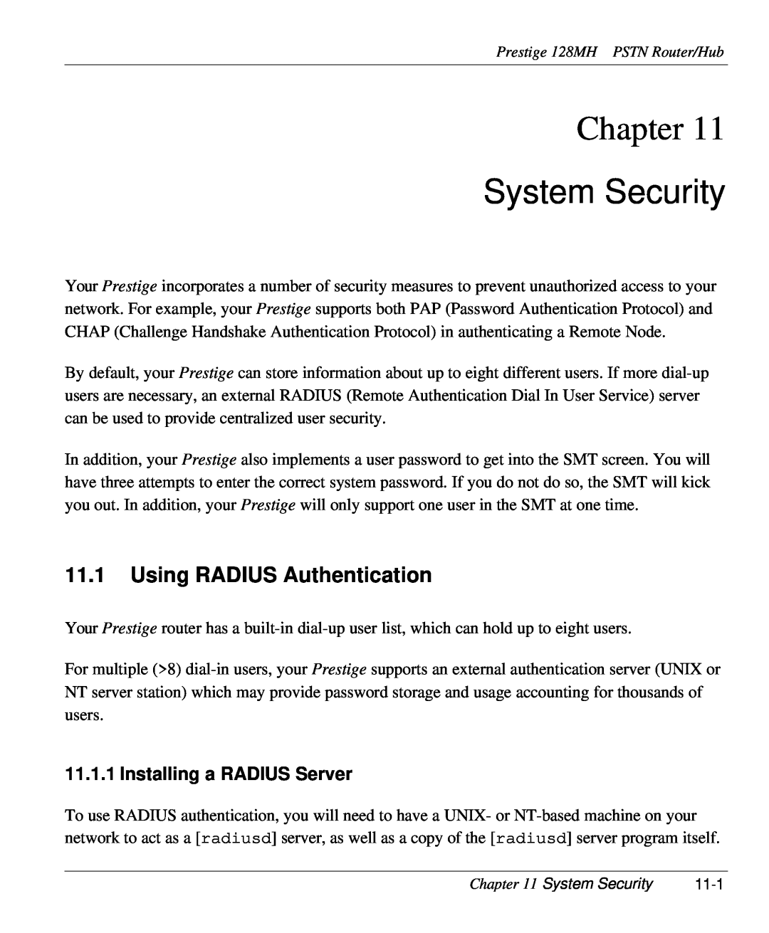 ZyXEL Communications 128MH user manual System Security, Using RADIUS Authentication, Installing a RADIUS Server, Chapter 