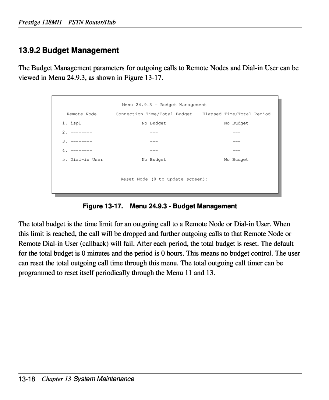 ZyXEL Communications 128MH user manual 17. Menu 24.9.3 - Budget Management 