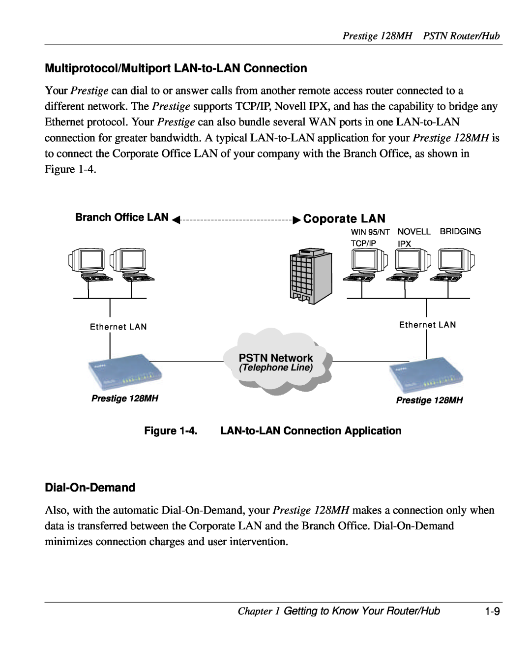 ZyXEL Communications 128MH user manual Multiprotocol/Multiport LAN-to-LAN Connection, Dial-On-Demand, PSTN Network 