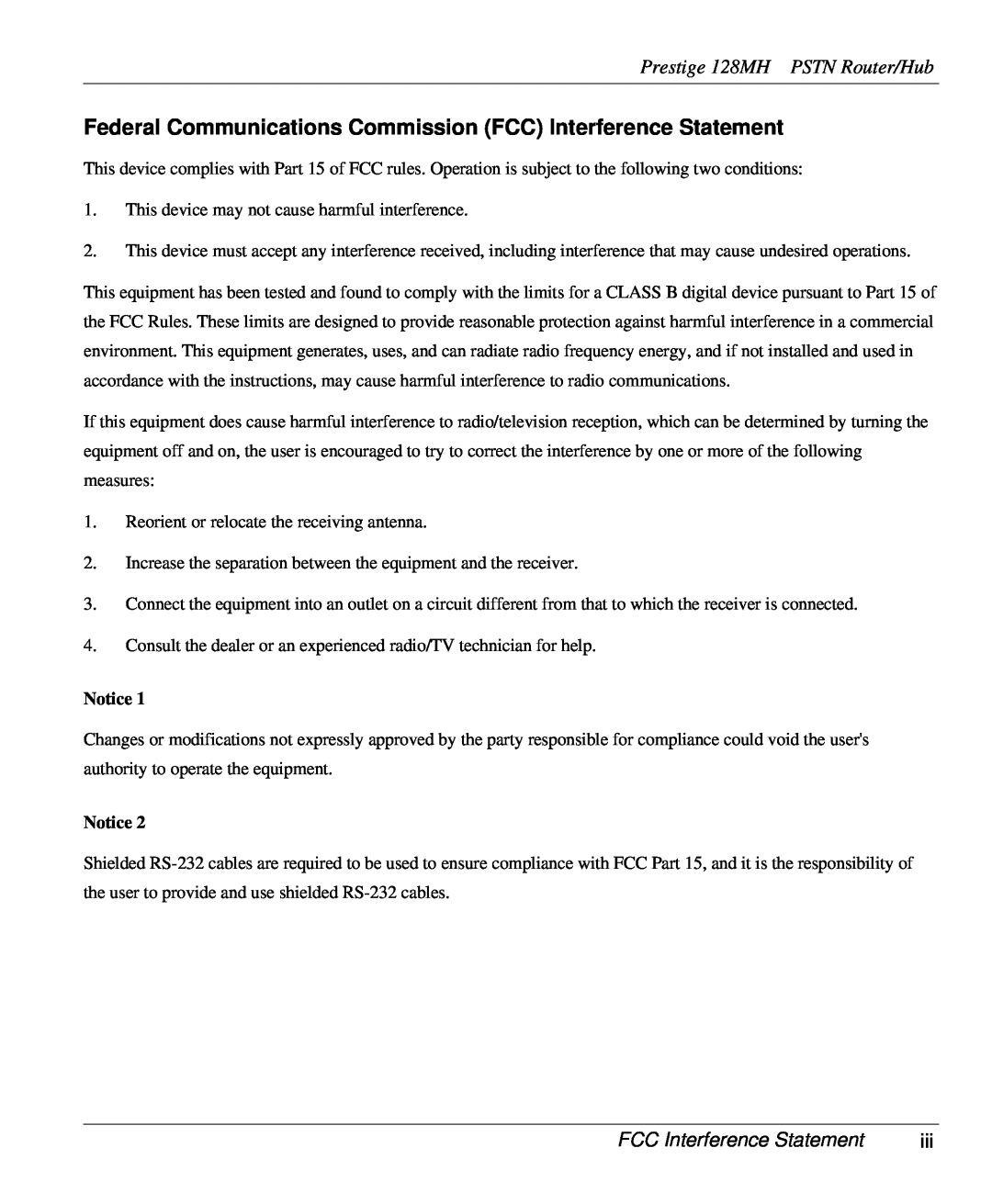 ZyXEL Communications Federal Communications Commission FCC Interference Statement, Prestige 128MH PSTN Router/Hub 
