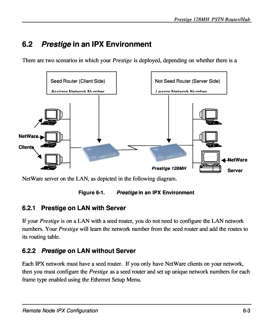 ZyXEL Communications 128MH Prestige in an IPX Environment, Prestige on LAN with Server, Prestige on LAN without Server 