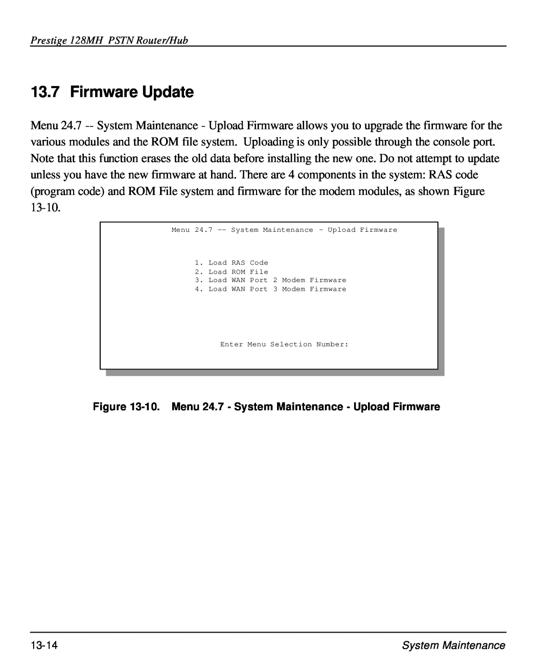 ZyXEL Communications 128MH user manual Firmware Update, 10. Menu 24.7 - System Maintenance - Upload Firmware 