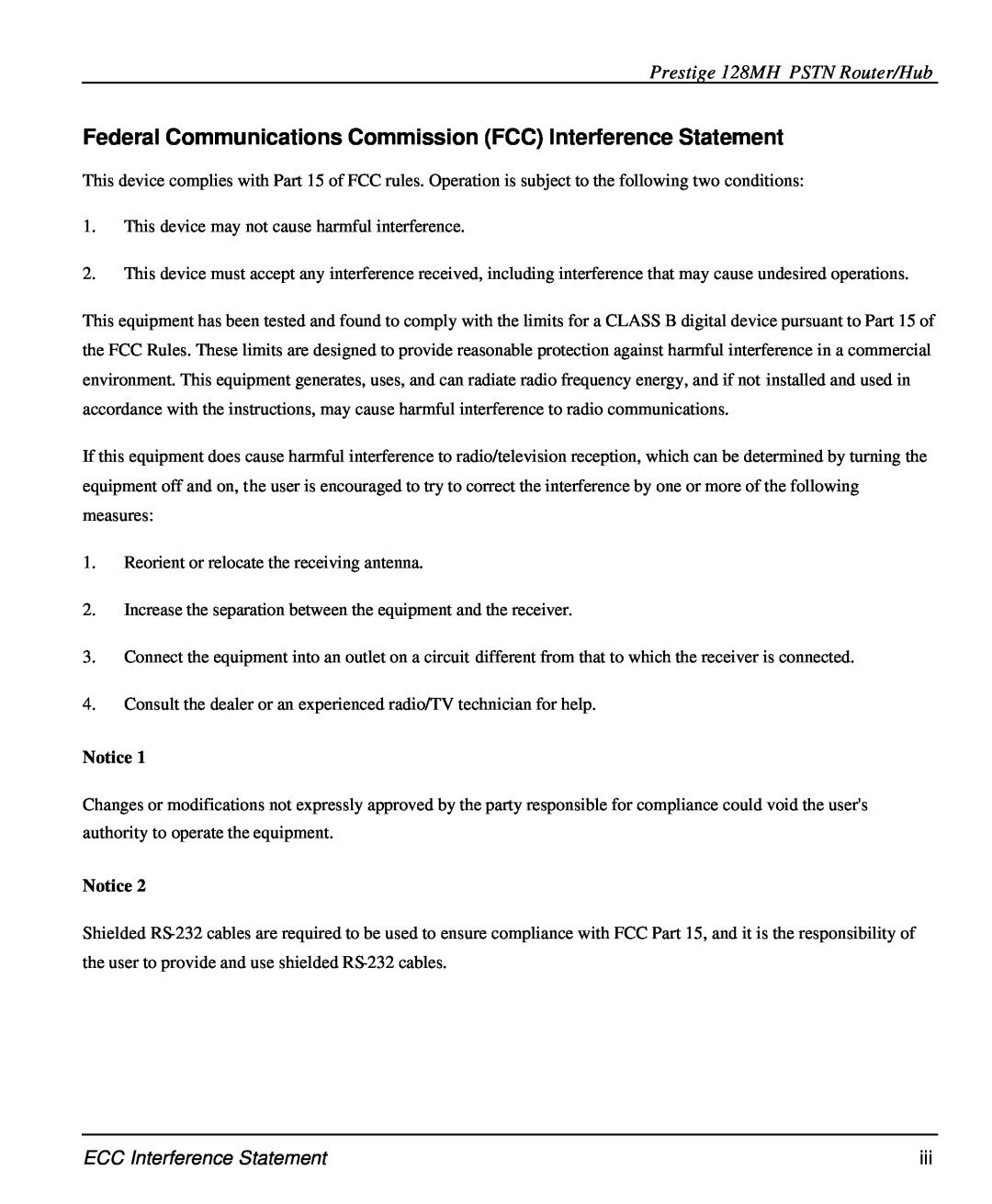 ZyXEL Communications 128MH Federal Communications Commission FCC Interference Statement, ECC Interference Statement 
