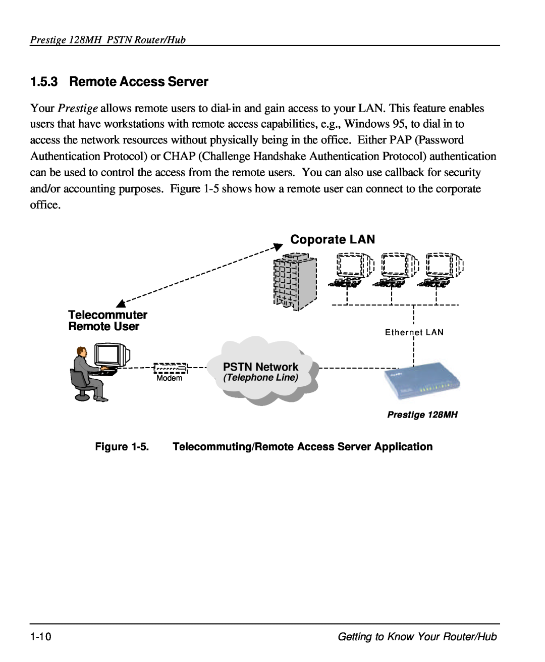 ZyXEL Communications 128MH user manual Coporate LAN, 5. Telecommuting/Remote Access Server Application 