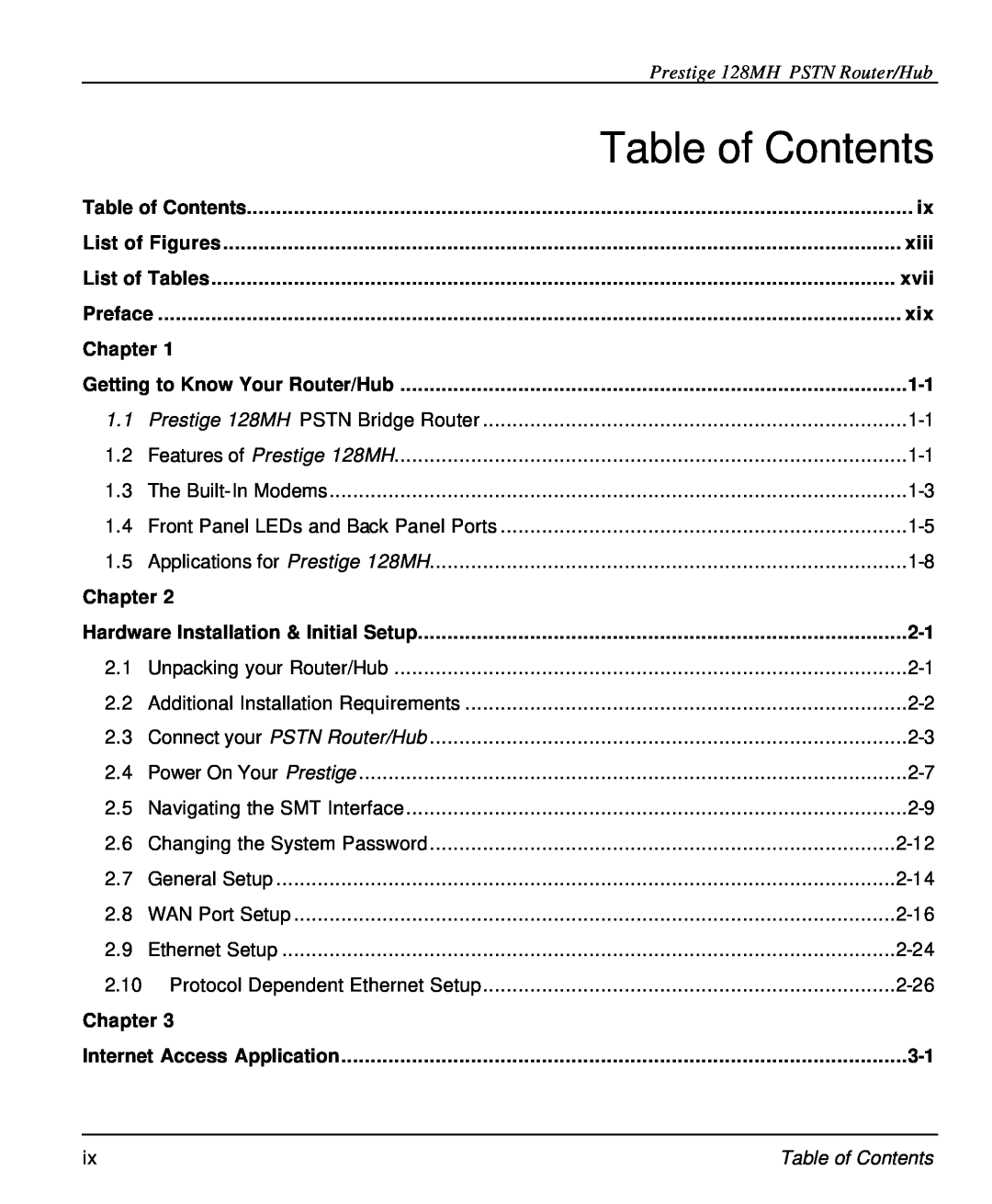 ZyXEL Communications 128MH user manual Table of Contents, xiii, xvii, Chapter 