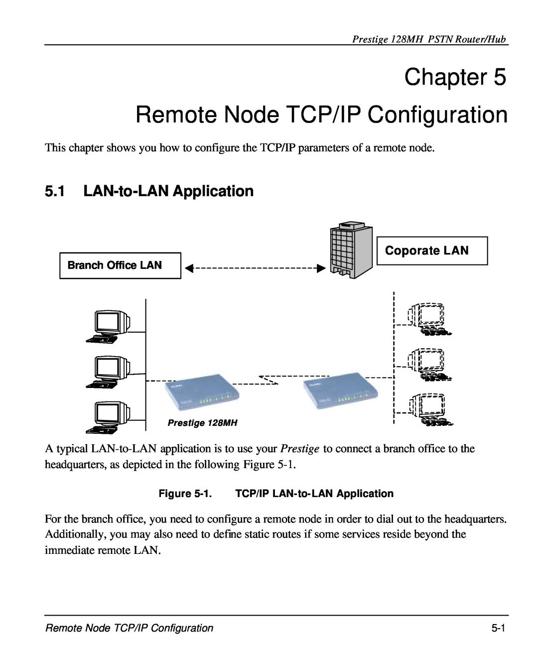 ZyXEL Communications 128MH user manual Chapter Remote Node TCP/IP Configuration, LAN-to-LAN Application, Coporate LAN 