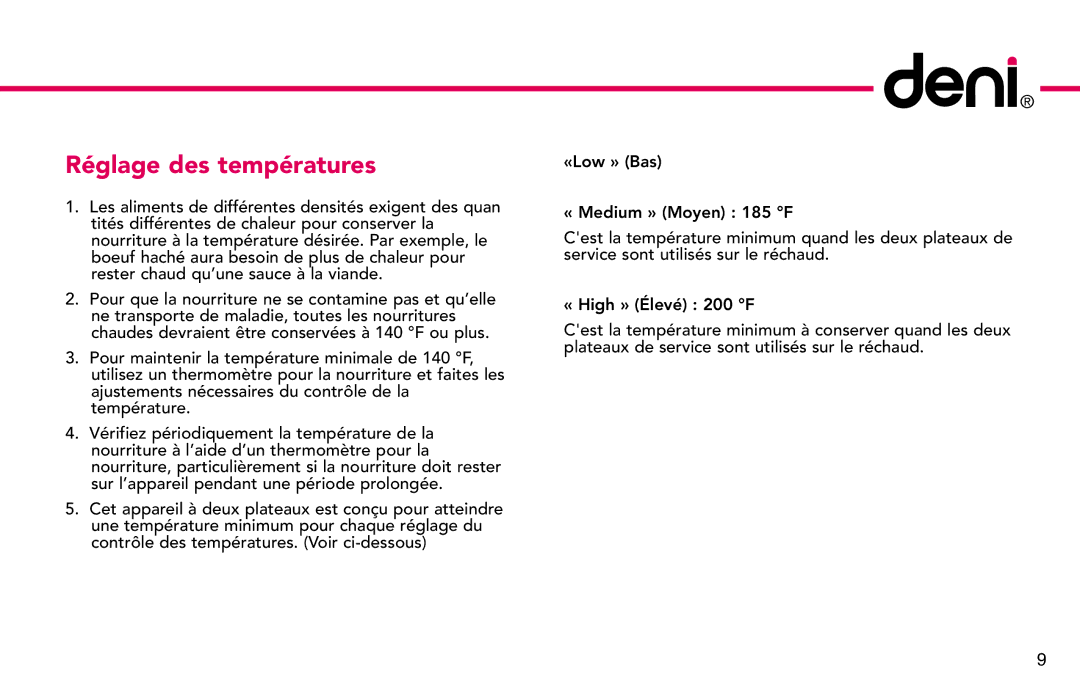 ZyXEL Communications 15205 manual Réglage des températures 