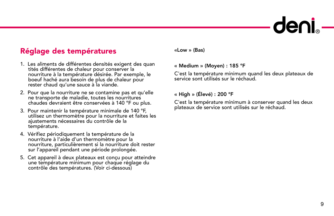 ZyXEL Communications 15205 manual Réglage des températures 