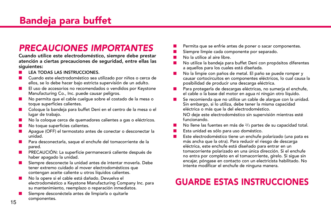 ZyXEL Communications 15205 manual Bandeja para buffet, Precauciones Importantes, Guarde Estas Instrucciones 