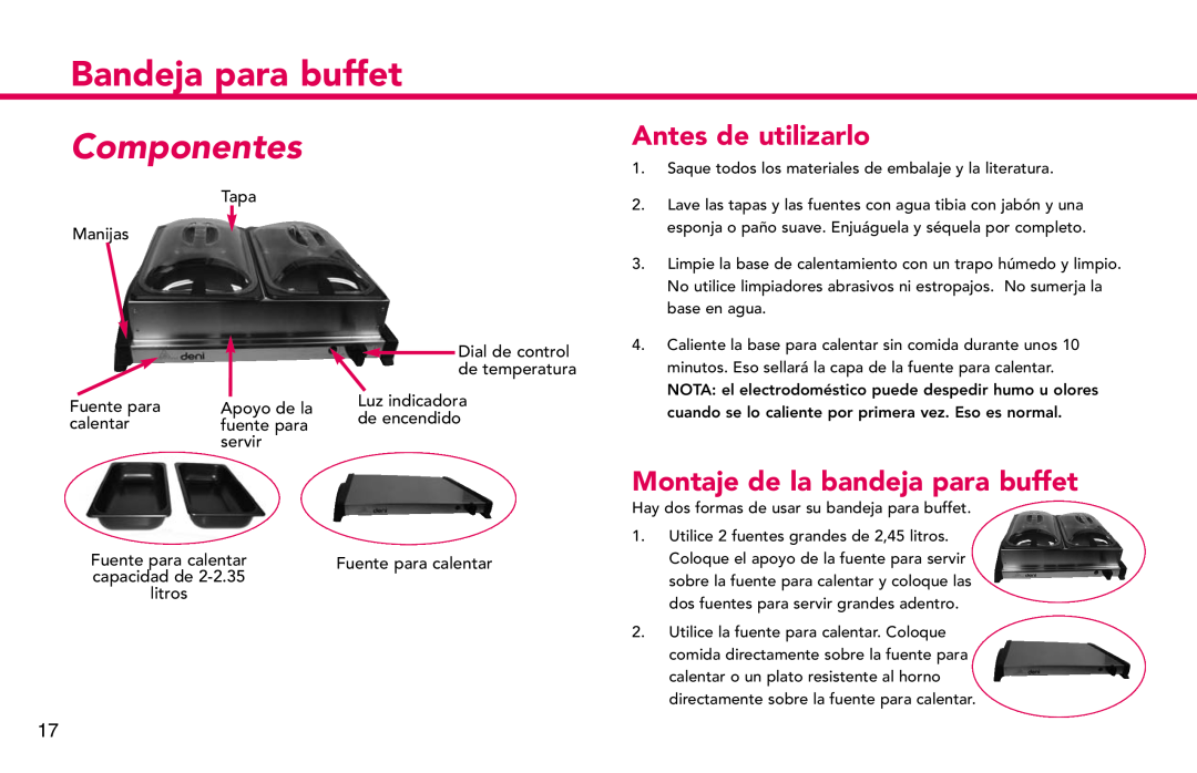ZyXEL Communications 15205 manual Componentes, Antes de utilizarlo, Montaje de la bandeja para buffet, Bandeja para buffet 