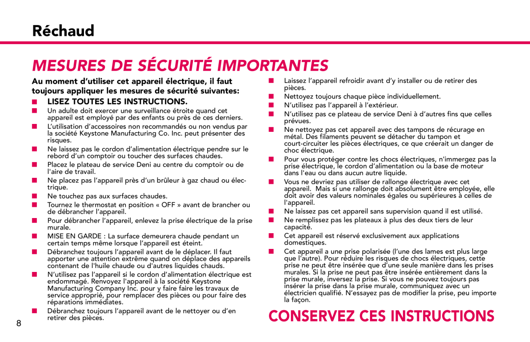 ZyXEL Communications 15205 manual Réchaud, Mesures De Sécurité Importantes, Conservez Ces Instructions 