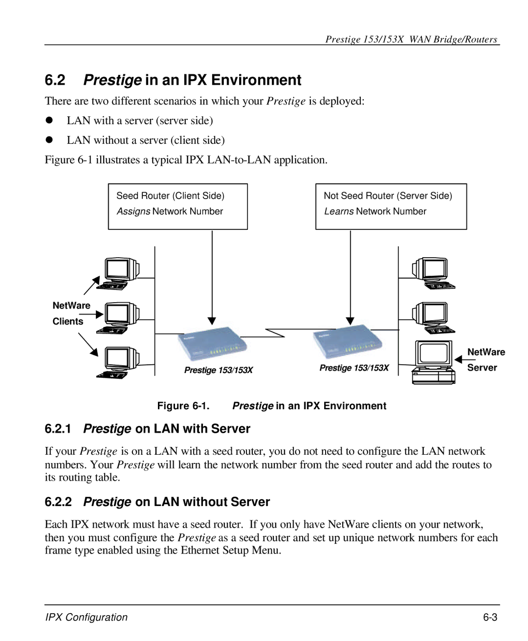 ZyXEL Communications 153X Prestige in an IPX Environment, Prestige on LAN with Server, Prestige on LAN without Server 