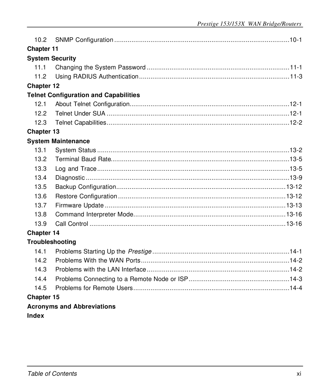 ZyXEL Communications 153X Chapter System Security, Chapter Telnet Configuration and Capabilities, Chapter Troubleshooting 