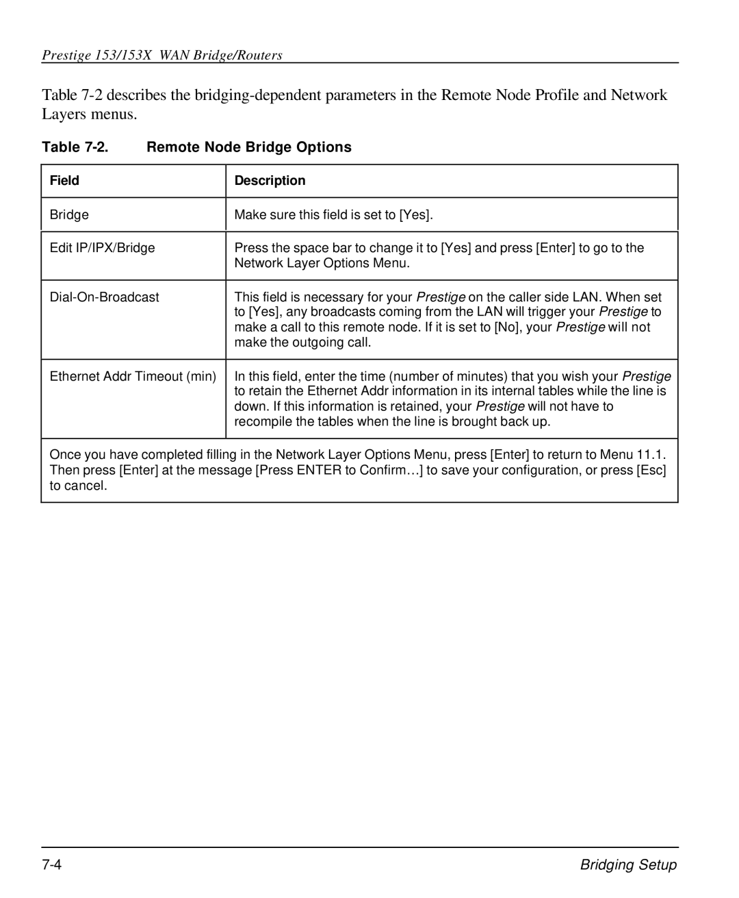 ZyXEL Communications 153X user manual Remote Node Bridge Options, Field Description 