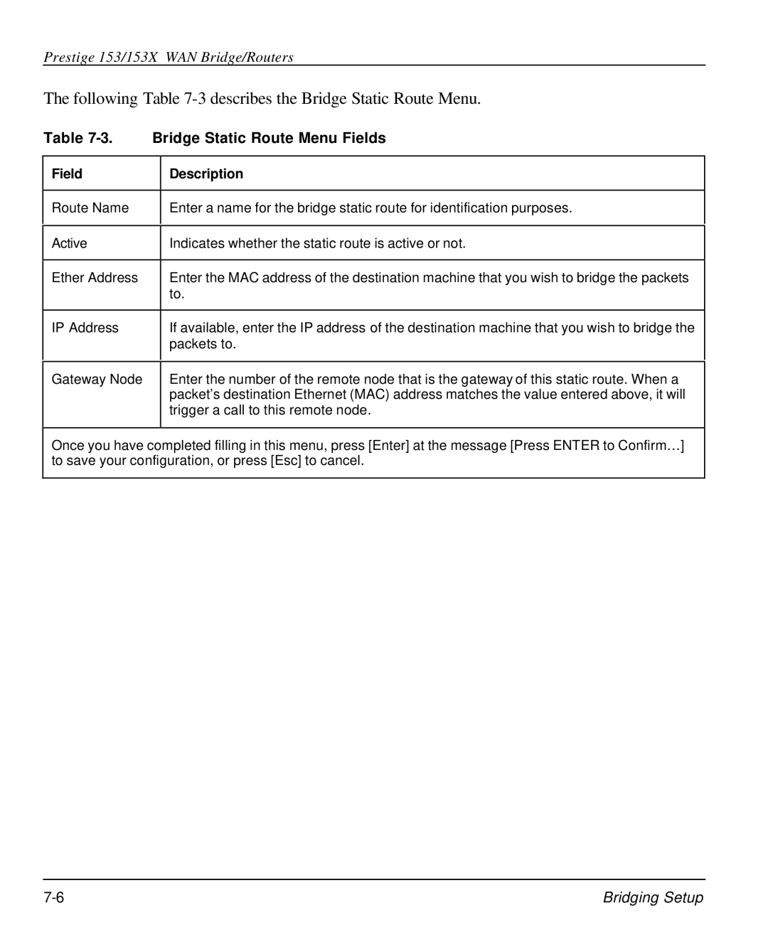 ZyXEL Communications 153X Following -3 describes the Bridge Static Route Menu, Bridge Static Route Menu Fields 