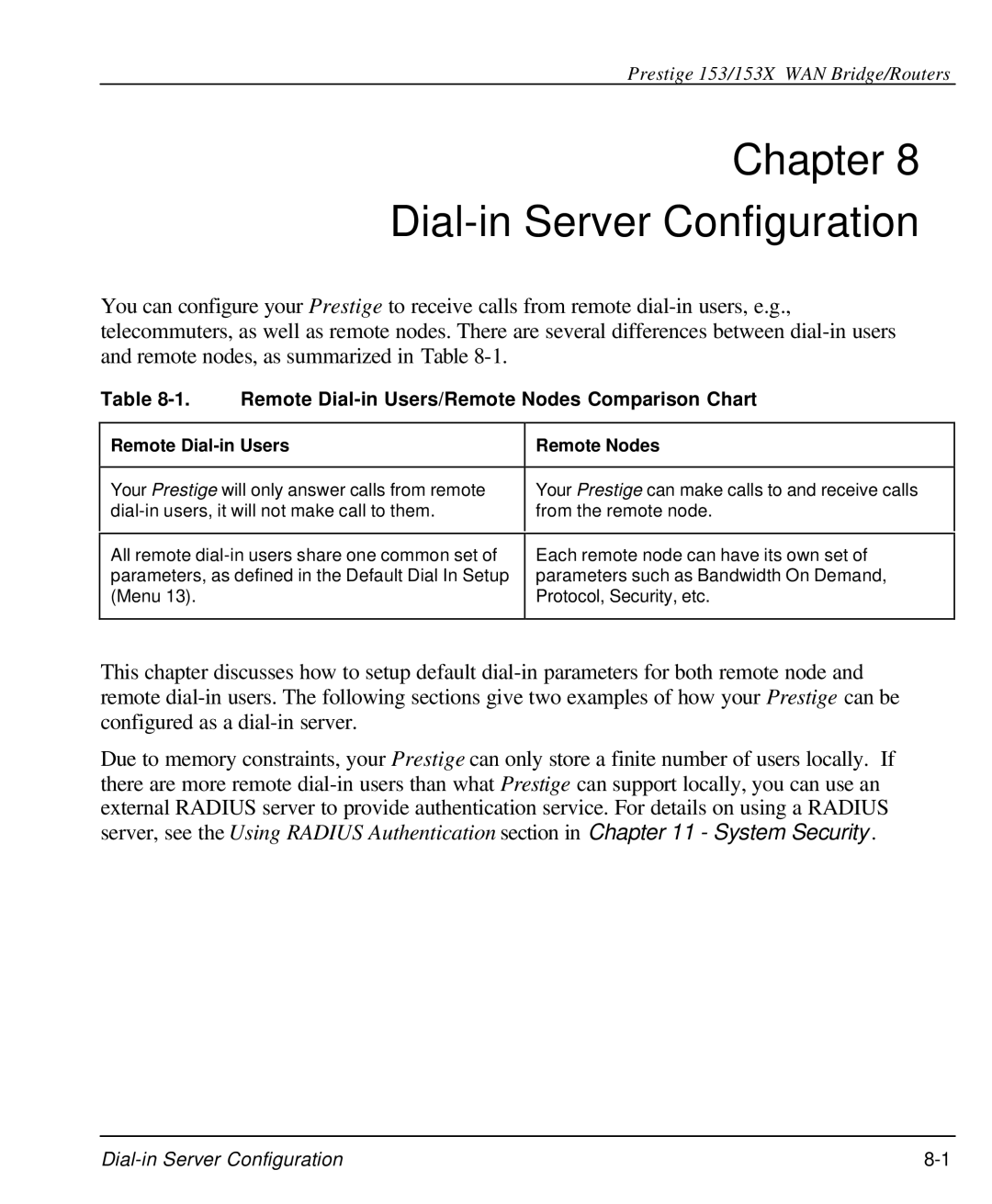 ZyXEL Communications 153X Chapter Dial-in Server Configuration, Remote Dial-in Users/Remote Nodes Comparison Chart 