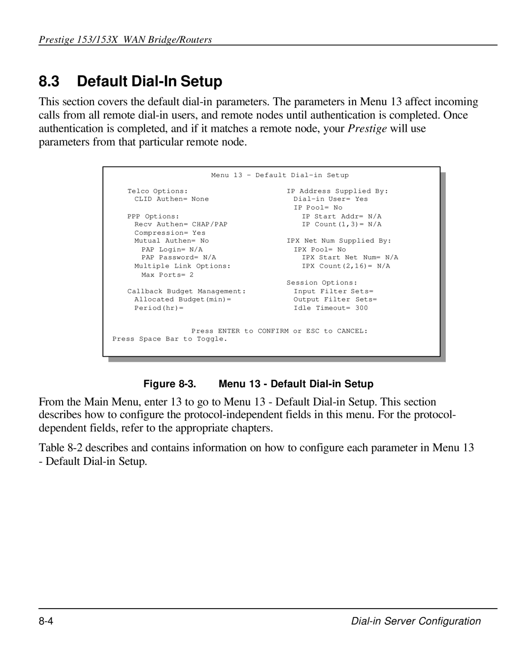 ZyXEL Communications 153X user manual Default Dial-In Setup, Menu 13 Default Dial-in Setup 