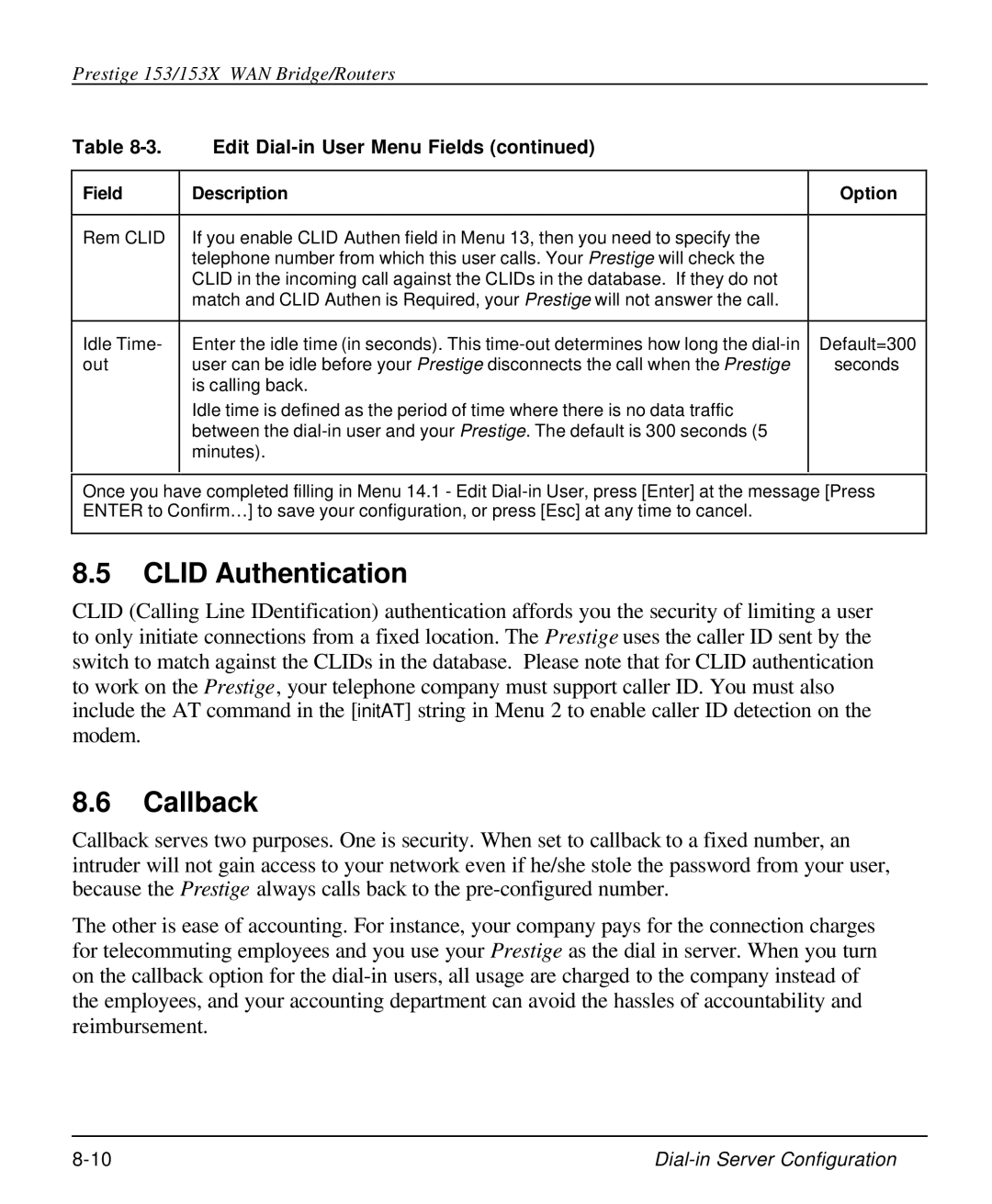 ZyXEL Communications 153X user manual Clid Authentication, Callback 