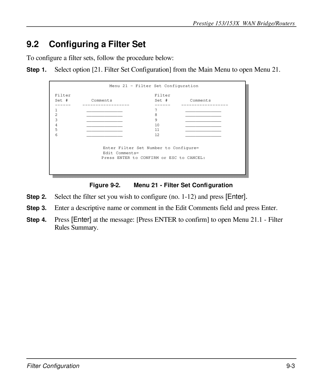 ZyXEL Communications 153X user manual Configuring a Filter Set, Menu 21 Filter Set Configuration 