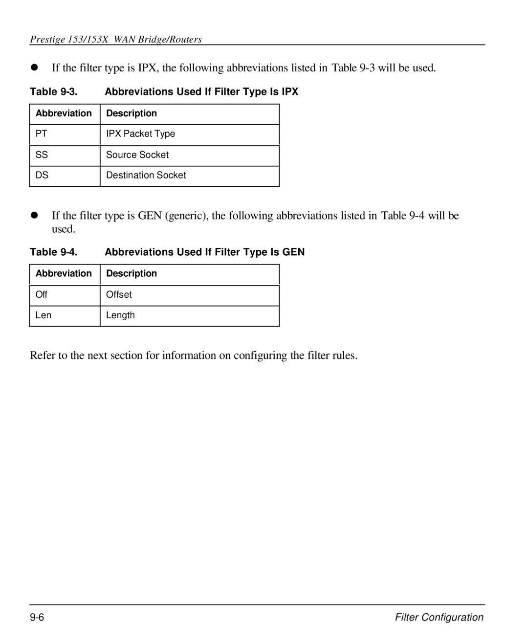 ZyXEL Communications 153X user manual Abbreviations Used If Filter Type Is IPX, Abbreviations Used If Filter Type Is GEN 