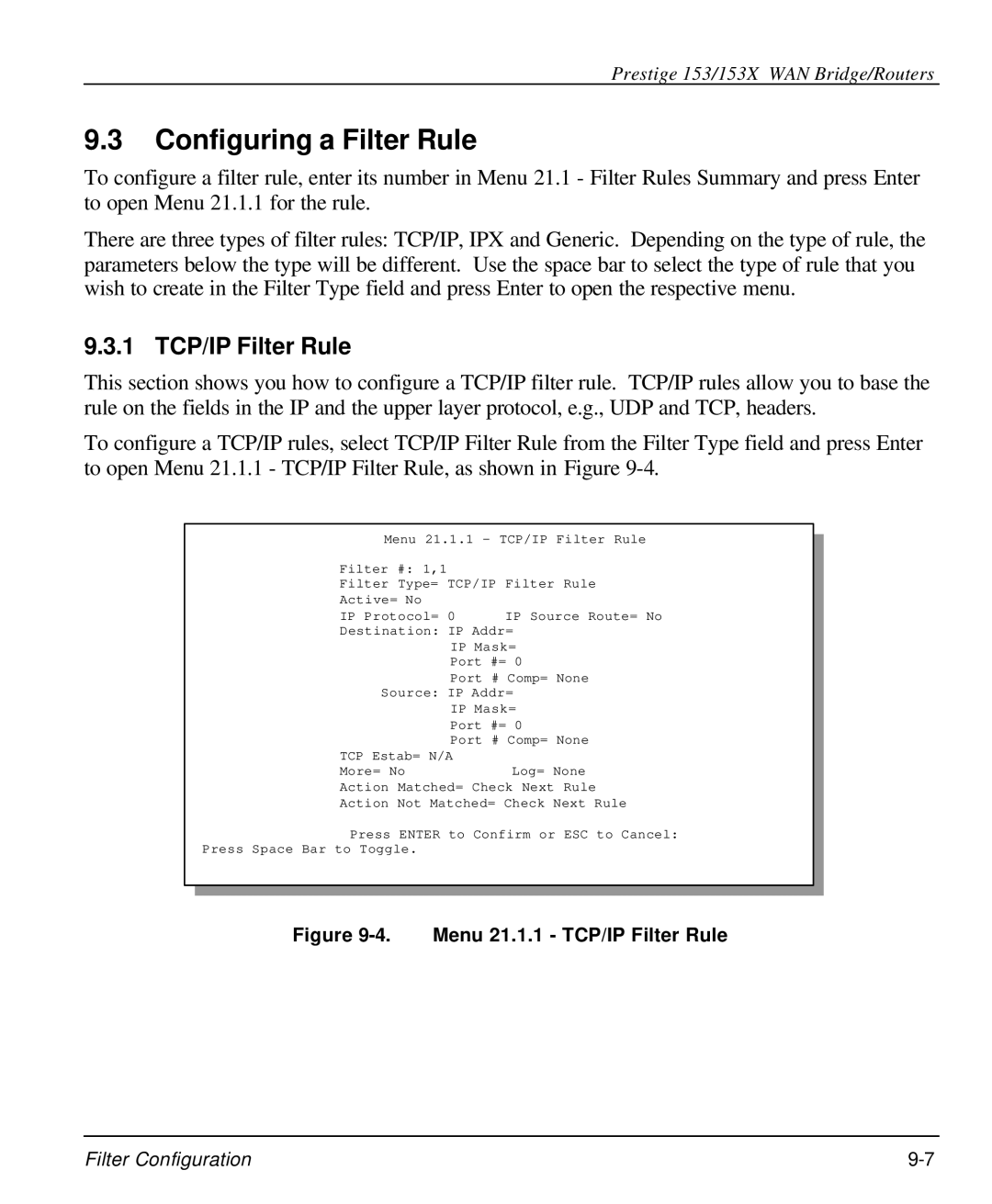 ZyXEL Communications 153X user manual Configuring a Filter Rule, 1 TCP/IP Filter Rule 