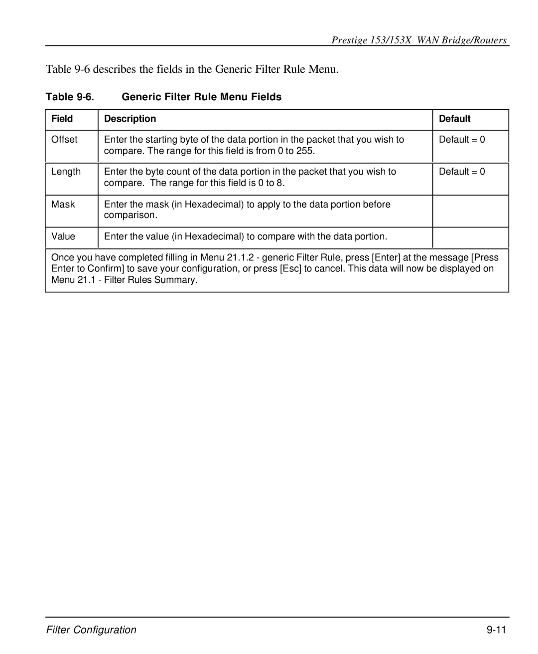 ZyXEL Communications 153X user manual Describes the fields in the Generic Filter Rule Menu, Generic Filter Rule Menu Fields 