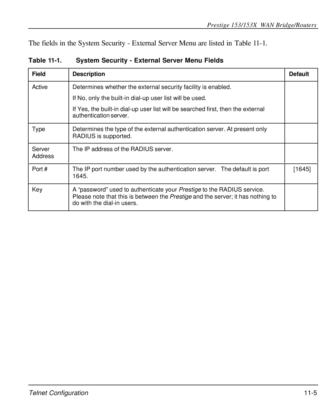 ZyXEL Communications 153X user manual System Security External Server Menu Fields, Field Description Default 