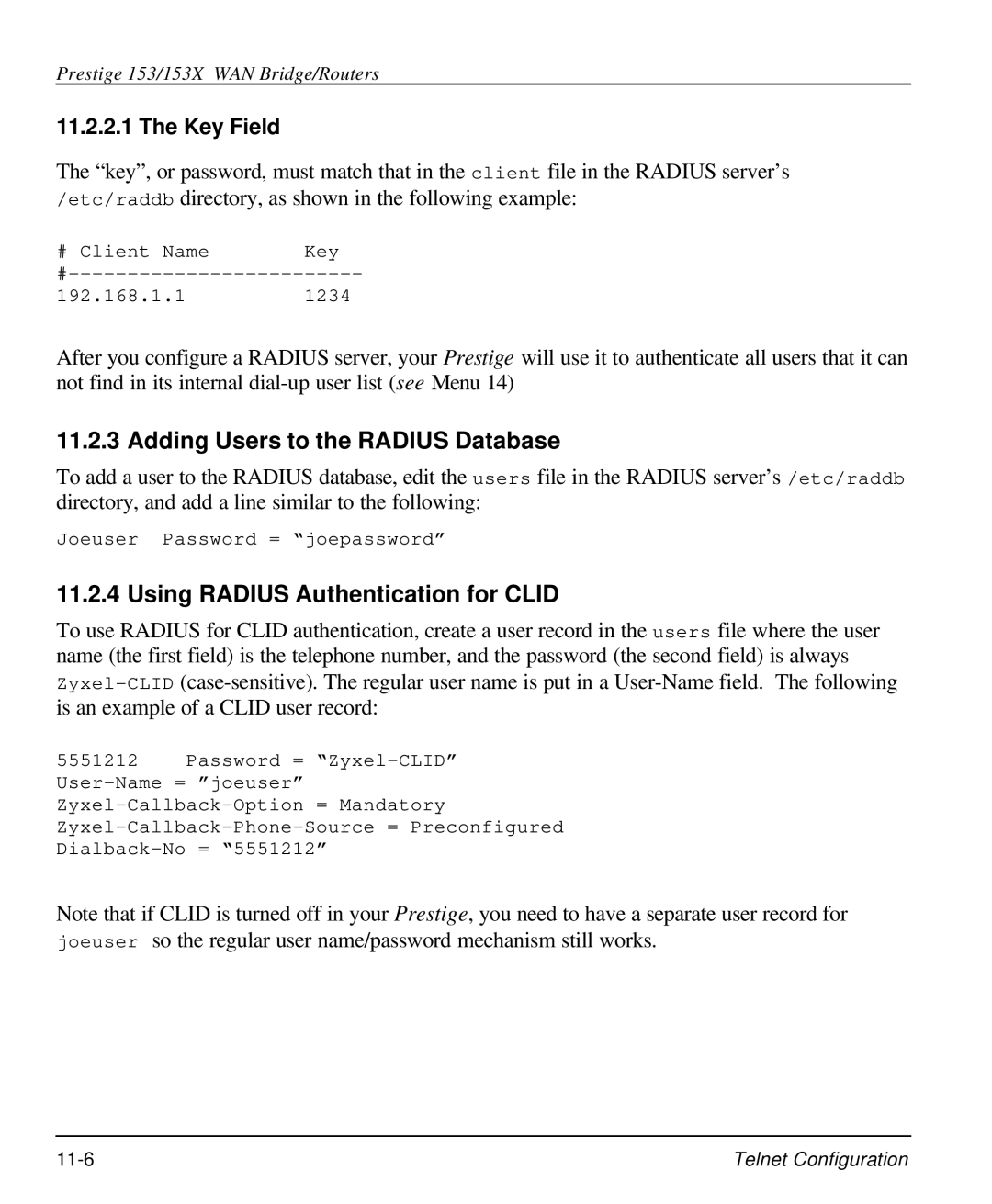 ZyXEL Communications 153X Adding Users to the Radius Database, Using Radius Authentication for Clid, Key Field 