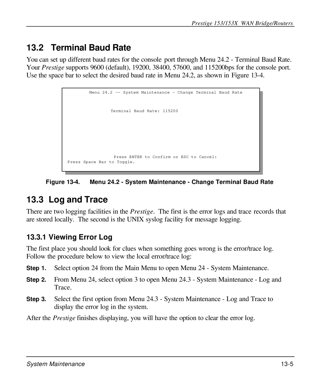 ZyXEL Communications 153X user manual Terminal Baud Rate, Log and Trace, Viewing Error Log 