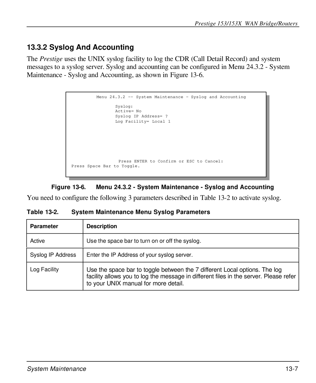 ZyXEL Communications 153X Syslog And Accounting, System Maintenance Menu Syslog Parameters, Parameter Description 