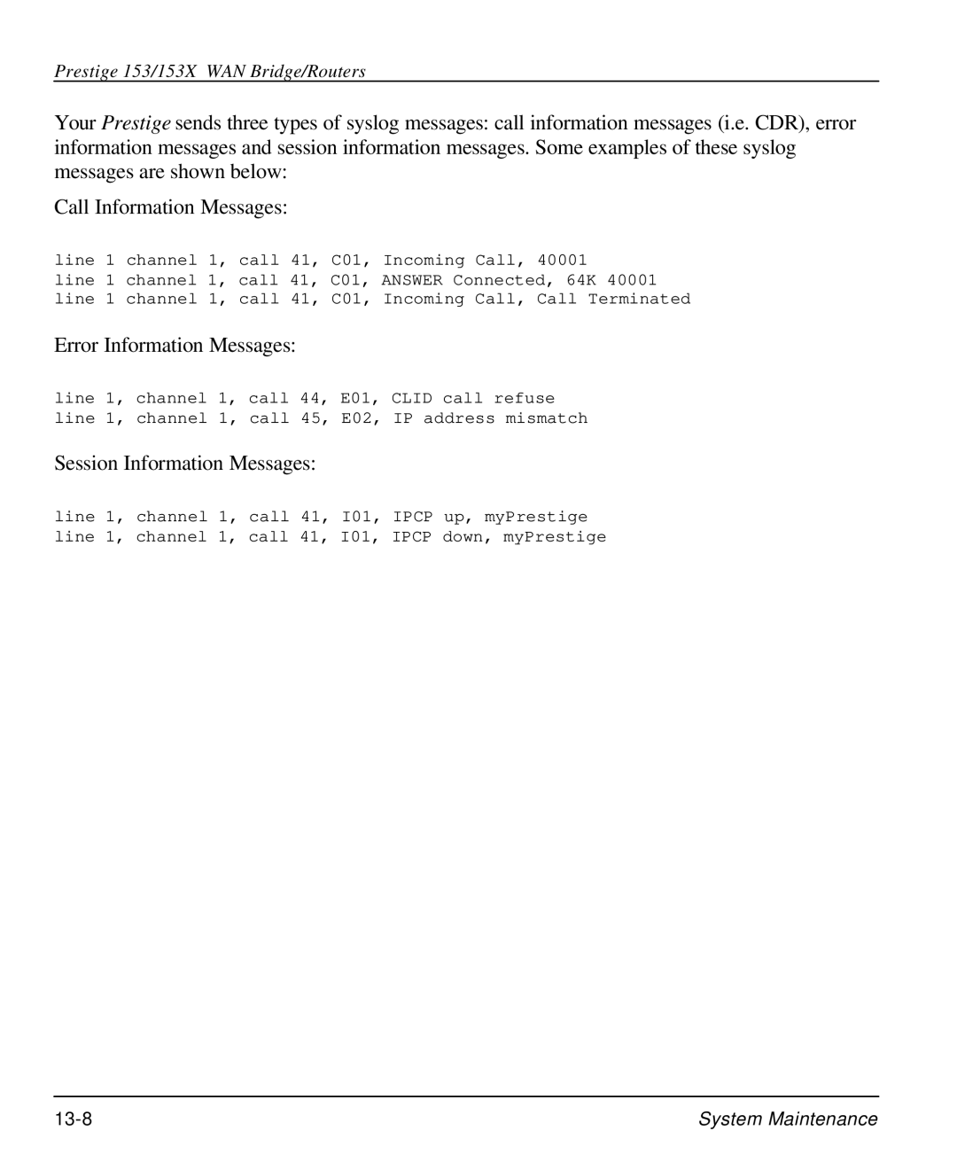 ZyXEL Communications 153X user manual Error Information Messages, Session Information Messages 