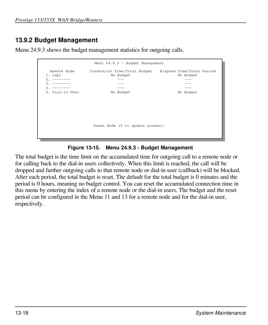 ZyXEL Communications 153X user manual Menu 24.9.3 Budget Management 