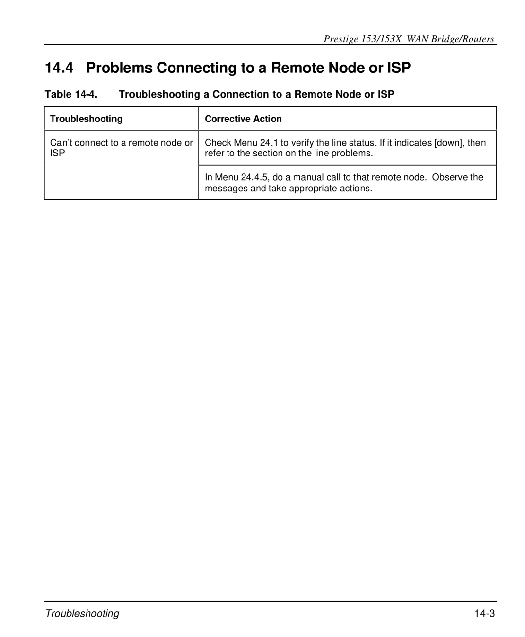 ZyXEL Communications 153X user manual Problems Connecting to a Remote Node or ISP 