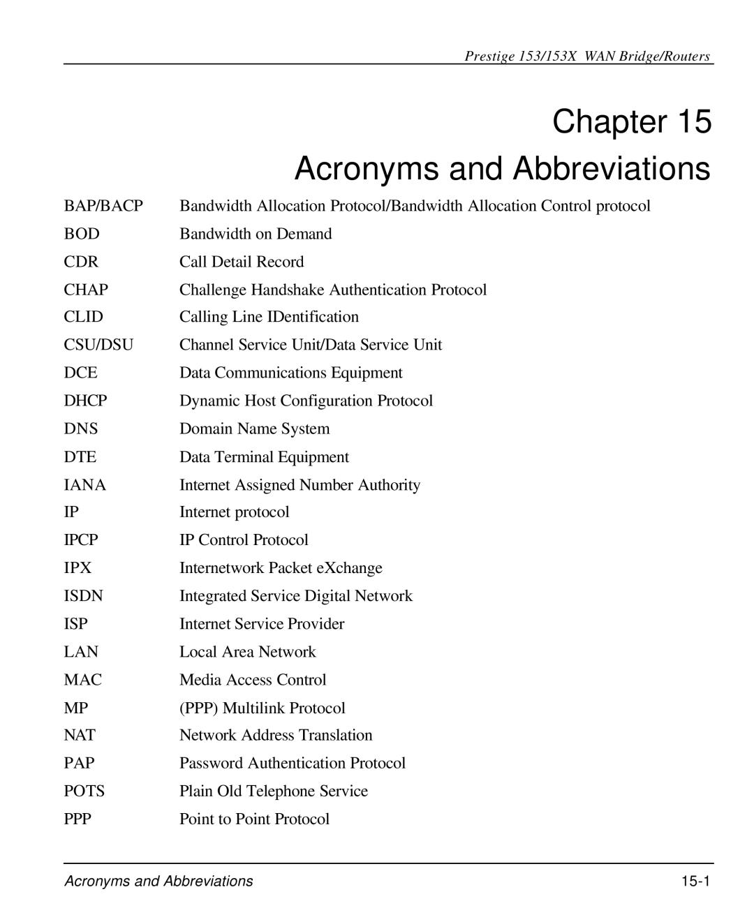 ZyXEL Communications 153X user manual Chapter, Acronyms and Abbreviations 