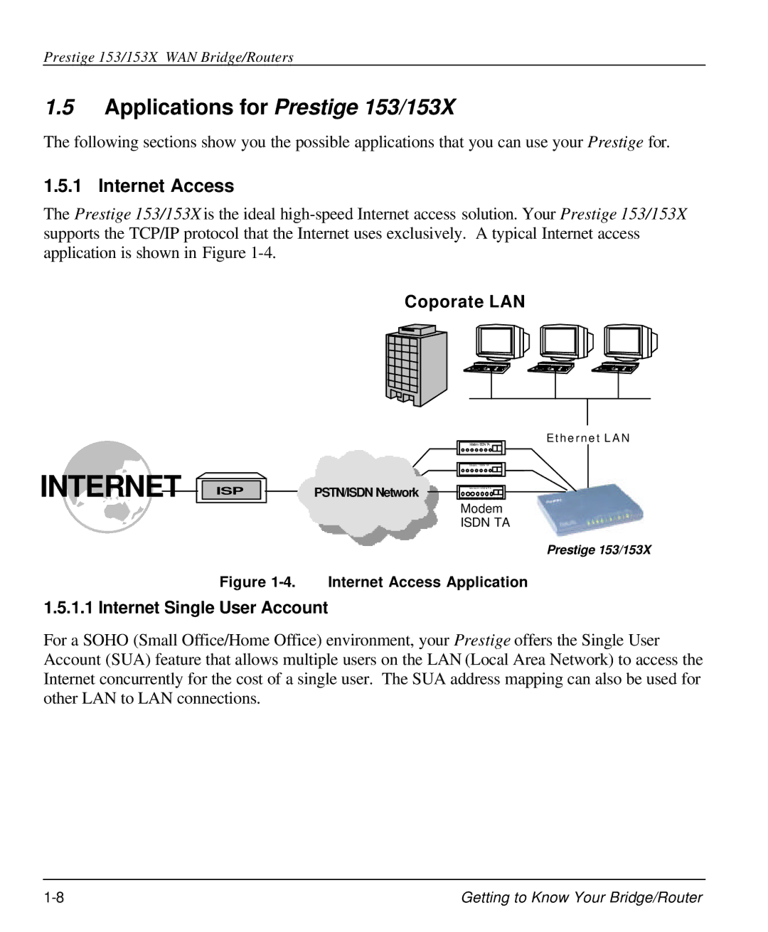 ZyXEL Communications Applications for Prestige 153/153X, Internet Access, Coporate LAN, Internet Single User Account 