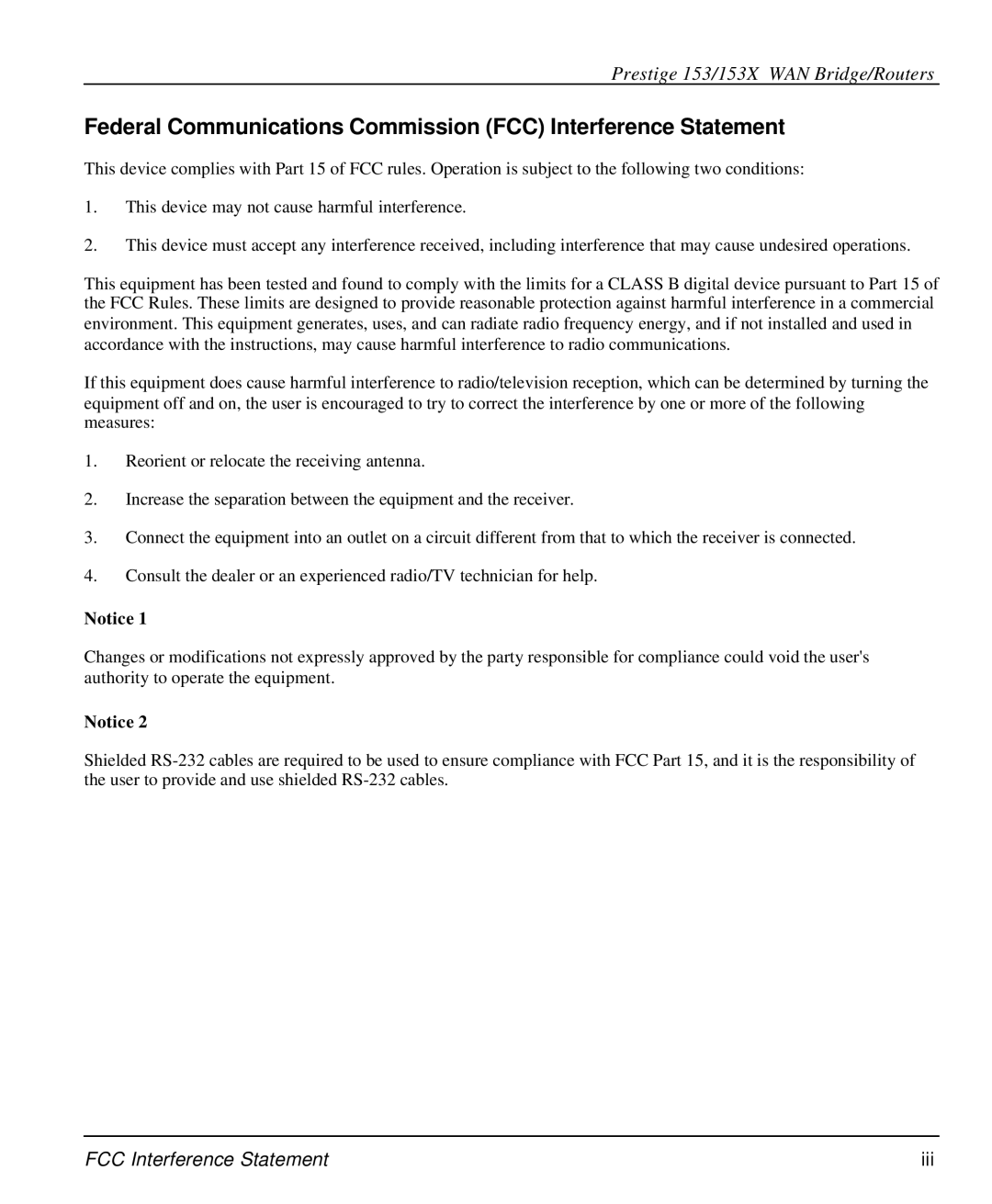 ZyXEL Communications 153X user manual Federal Communications Commission FCC Interference Statement 