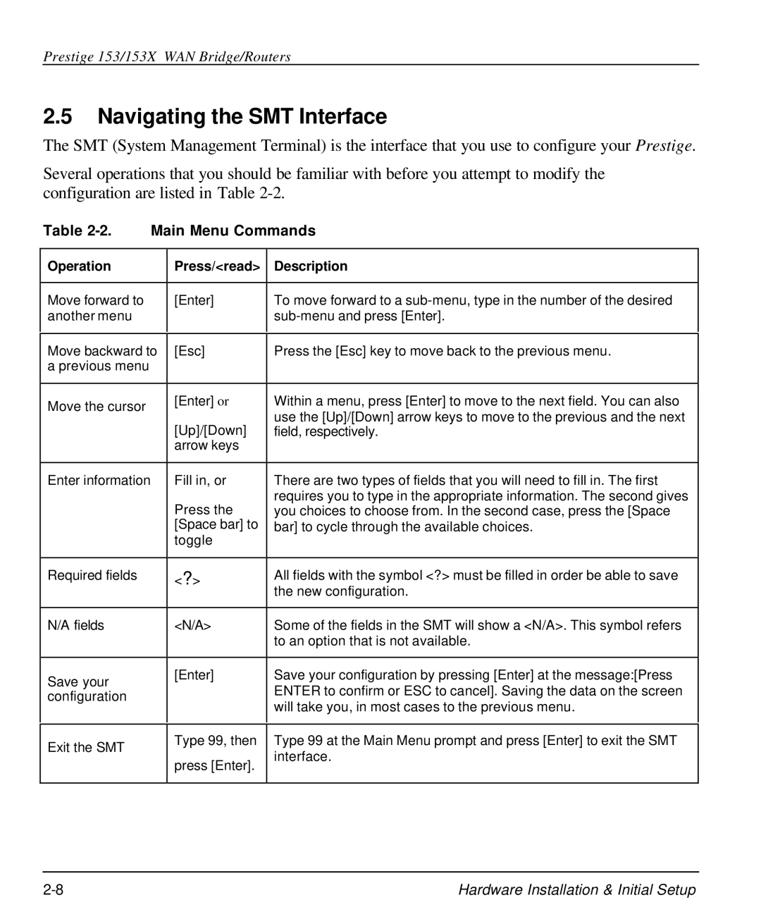 ZyXEL Communications 153X user manual Navigating the SMT Interface, Main Menu Commands, Operation Press/read Description 