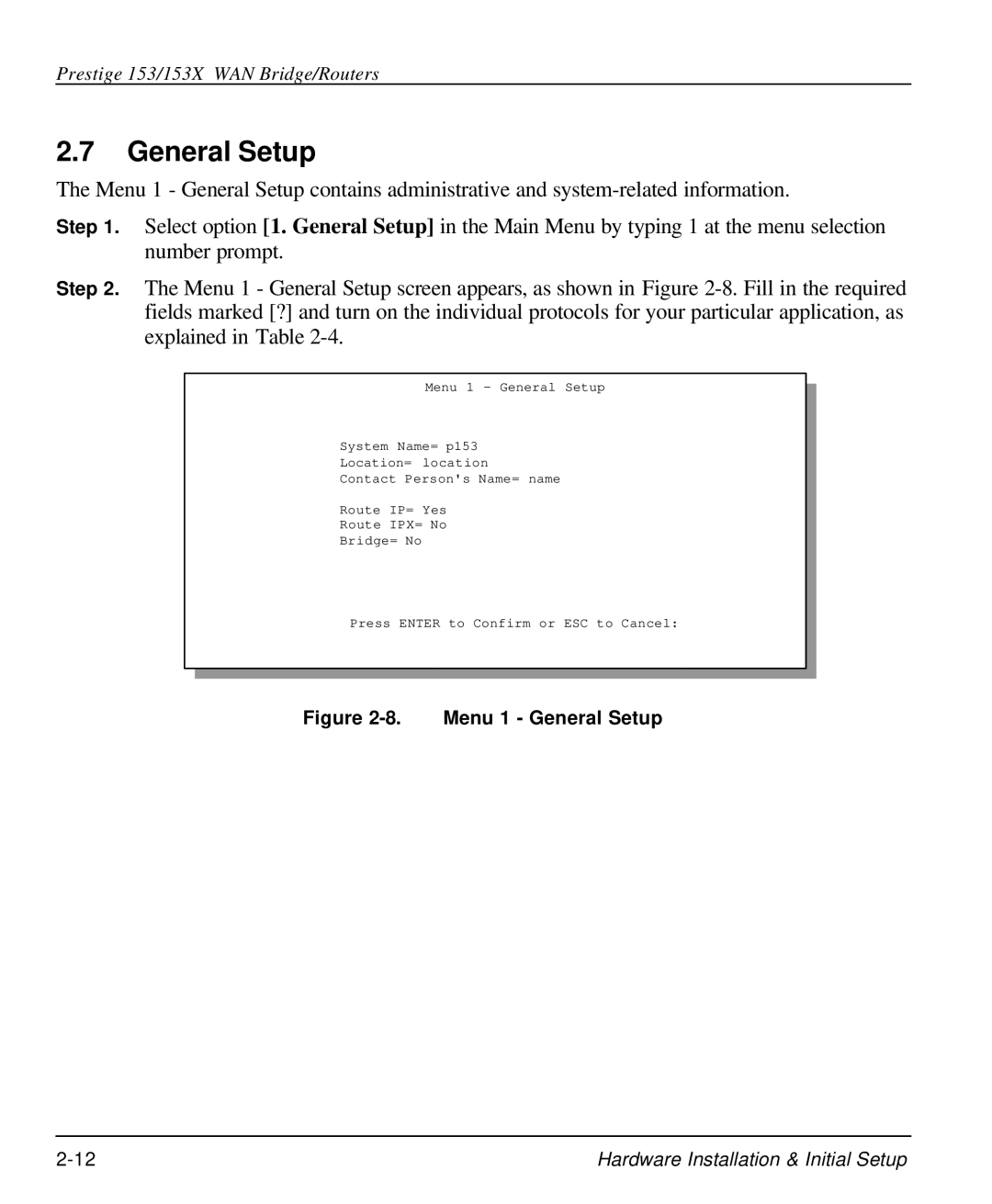 ZyXEL Communications 153X user manual Menu 1 General Setup 