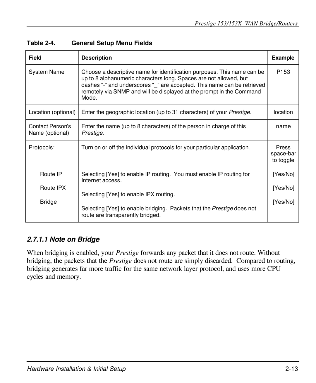 ZyXEL Communications 153X user manual General Setup Menu Fields, Field Description 