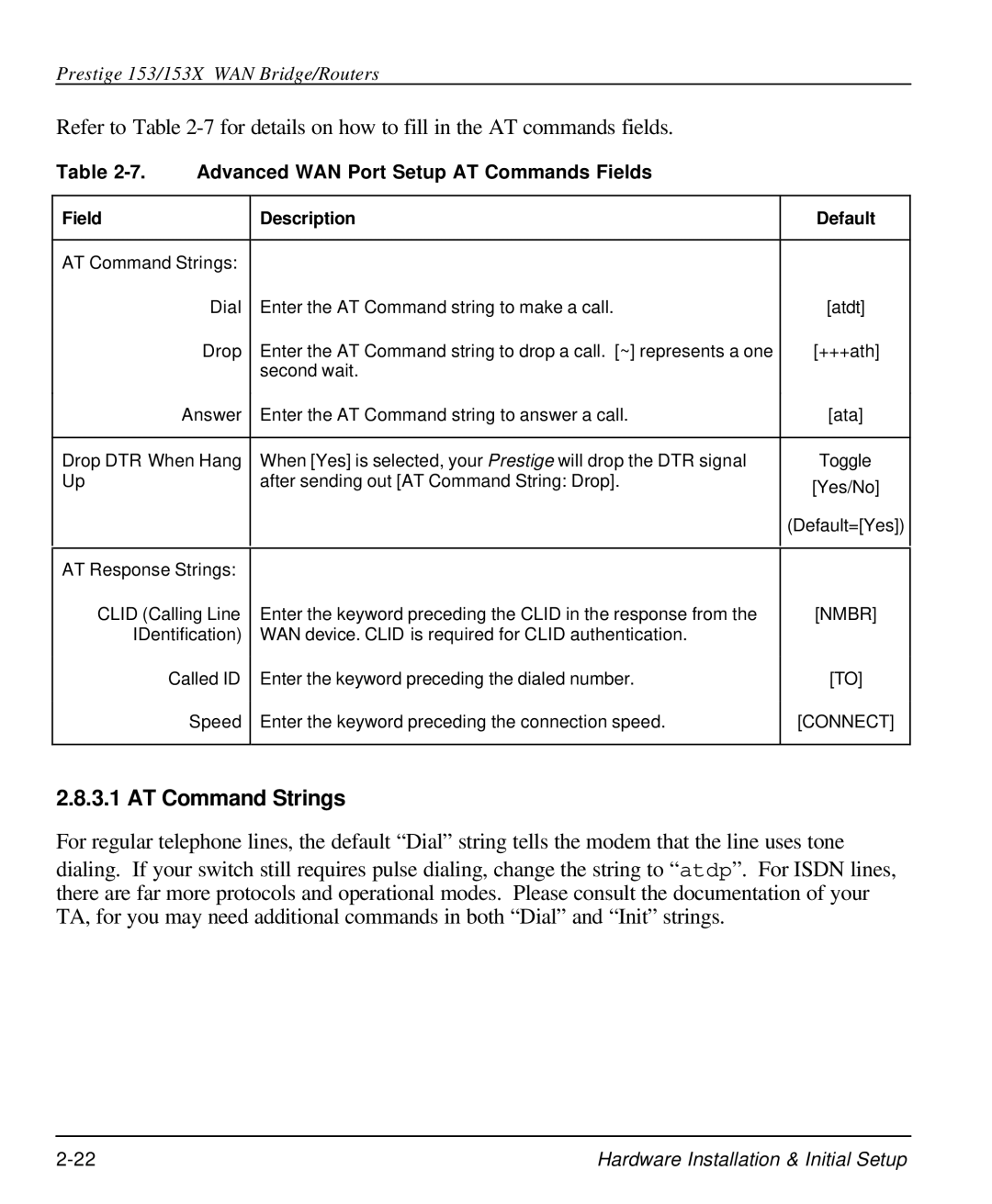 ZyXEL Communications 153X AT Command Strings, Advanced WAN Port Setup AT Commands Fields, Field Description Default 