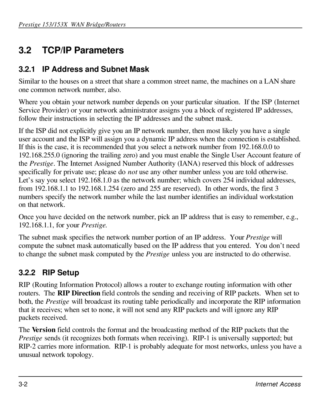 ZyXEL Communications 153X user manual TCP/IP Parameters, IP Address and Subnet Mask, RIP Setup 