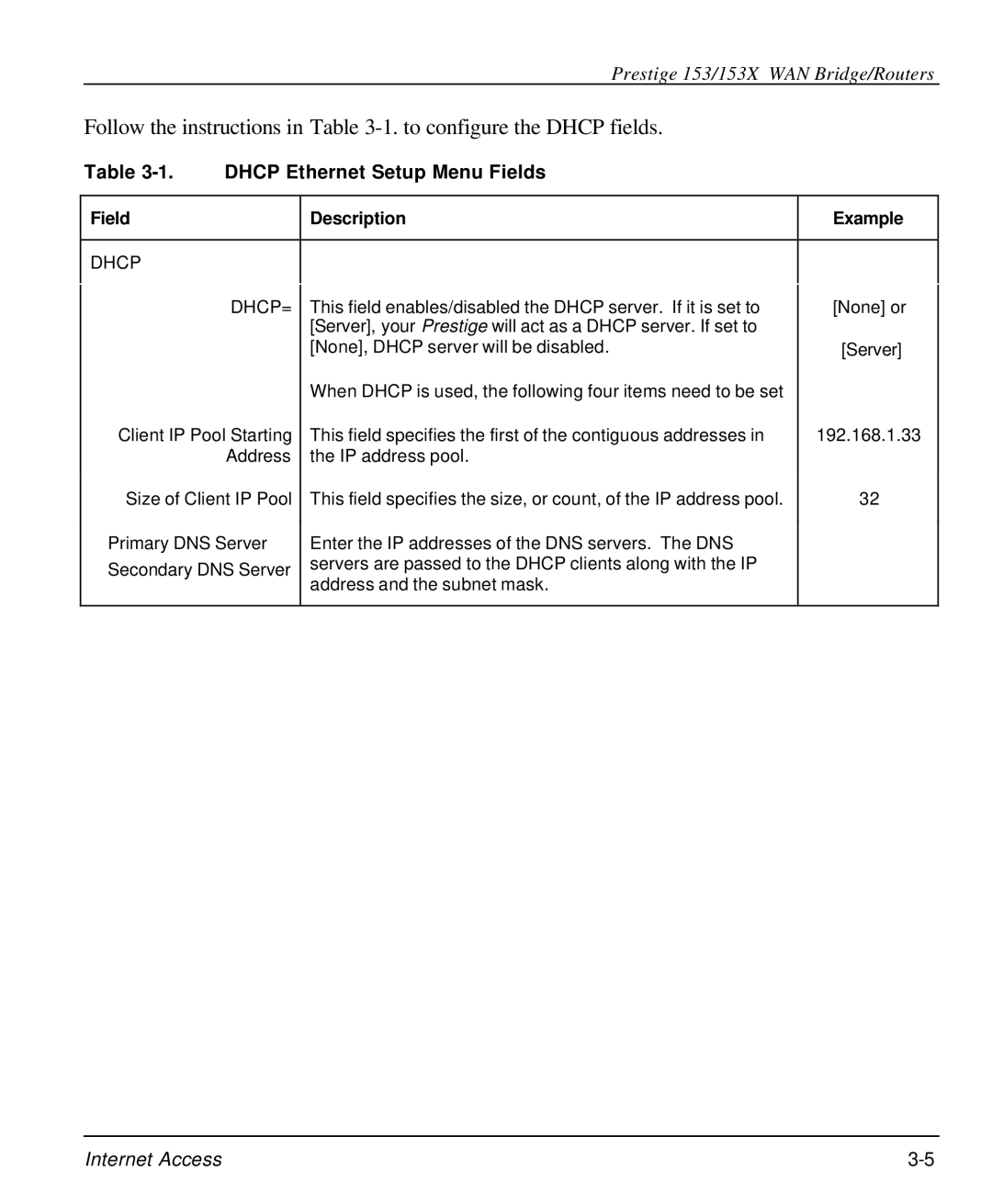 ZyXEL Communications 153X Follow the instructions in -1. to configure the Dhcp fields, Dhcp Ethernet Setup Menu Fields 